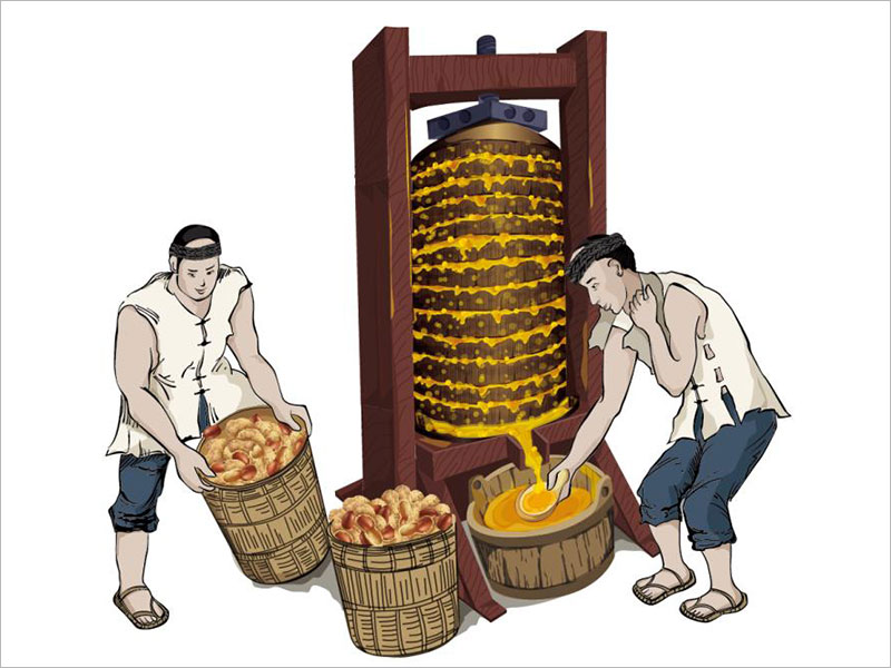 年糧花生油包裝設(shè)計(jì)中傳統(tǒng)花生油壓榨過程與壓榨場景的插畫